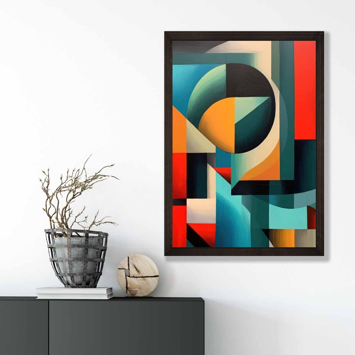 Abstrakter Kunstdruck mit farbenfrohen Formen, Blau, Rot, Orange Nr. 1