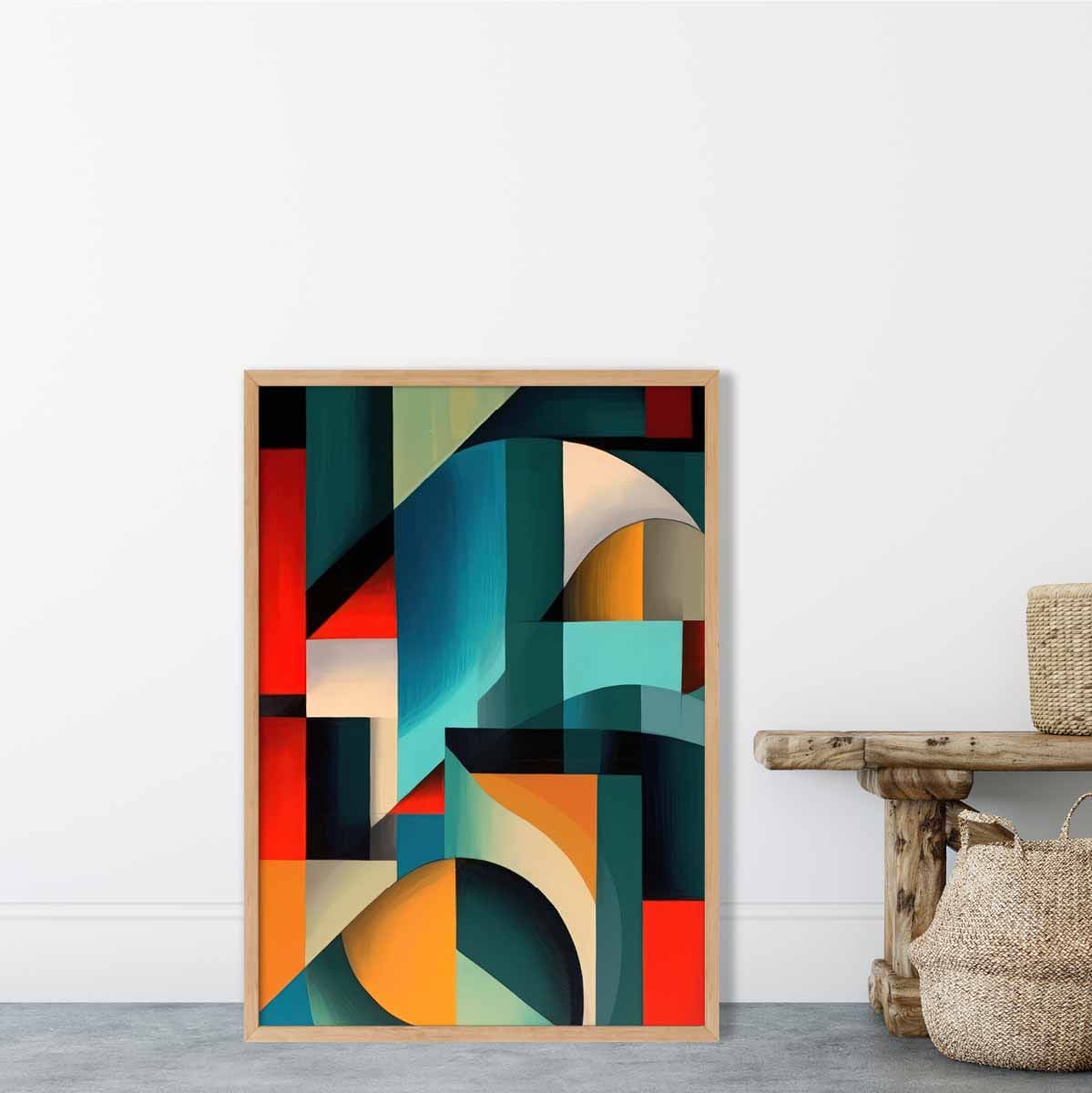 Abstrakter Kunstdruck mit farbenfrohen Formen, Blau, Rot, Orange Nr. 2