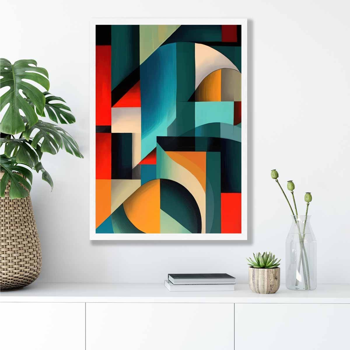 Abstrakter Kunstdruck mit farbenfrohen Formen, Blau, Rot, Orange Nr. 2