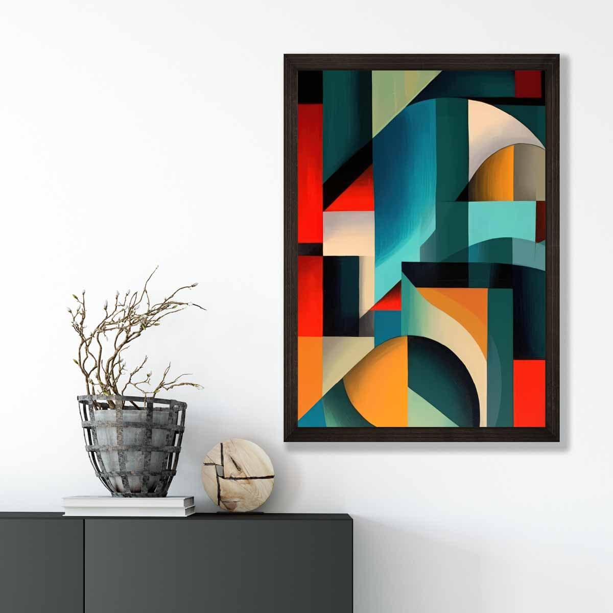 Abstrakter Kunstdruck mit farbenfrohen Formen, Blau, Rot, Orange Nr. 2