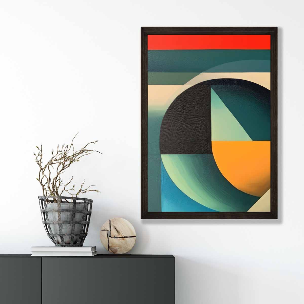 Abstrakter Kunstdruck mit farbenfrohen Formen, Blau, Rot, Orange, Nr. 3