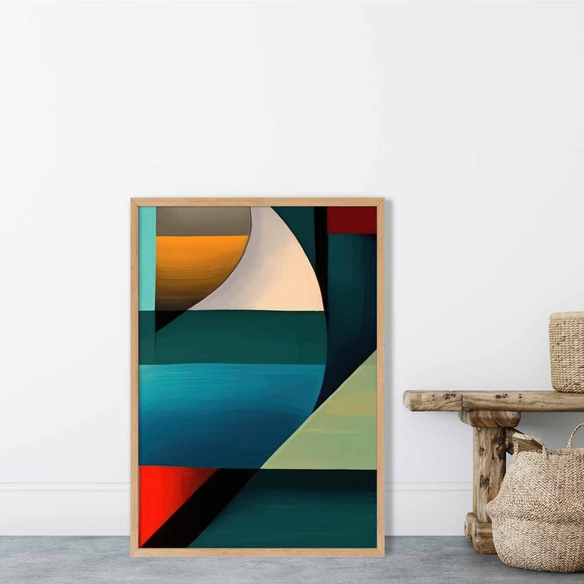 Abstrakter Kunstdruck mit farbenfrohen Formen, Blau, Rot, Orange, Nr. 5