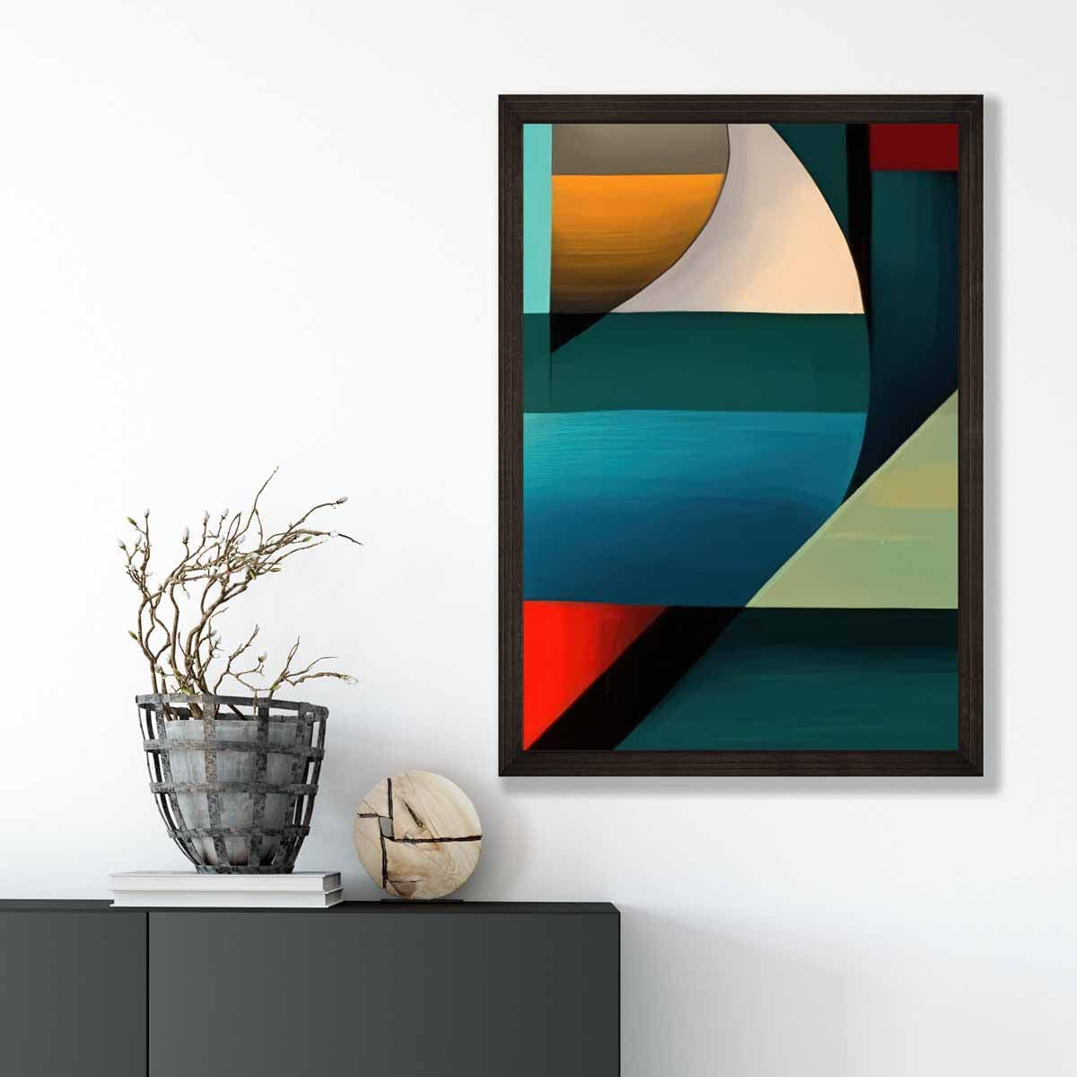 Abstrakter Kunstdruck mit farbenfrohen Formen, Blau, Rot, Orange, Nr. 5
