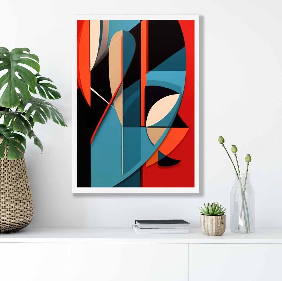 Abstrakter Kunstdruck mit farbenfrohen Formen, Blau, Rot, Beige Nr. 1