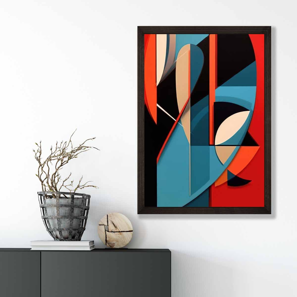 Abstrakter Kunstdruck mit farbenfrohen Formen, Blau, Rot, Beige Nr. 1