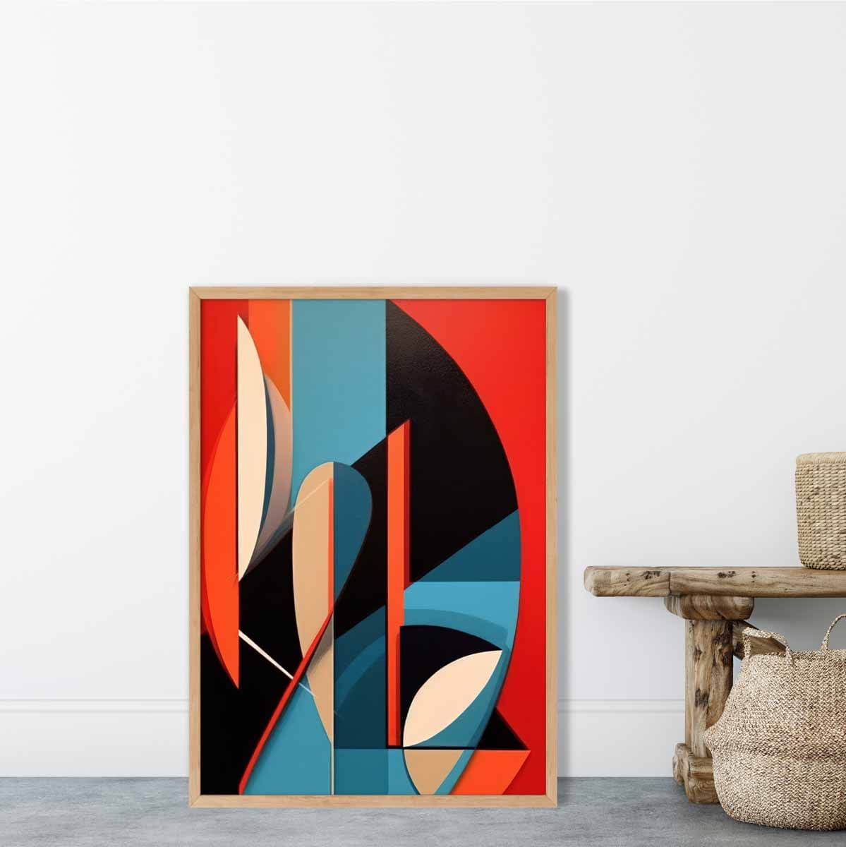 Abstrakter Kunstdruck mit farbenfrohen Formen, Blau, Rot, Beige, Nr. 3