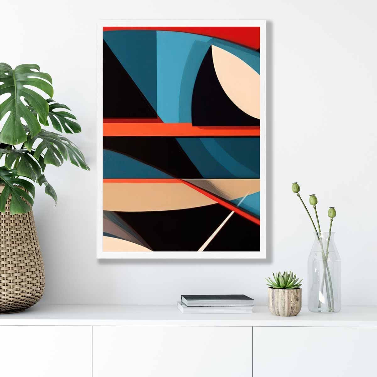 Abstrakter Kunstdruck mit farbenfrohen Formen, Blau, Rot, Beige, Nr. 5