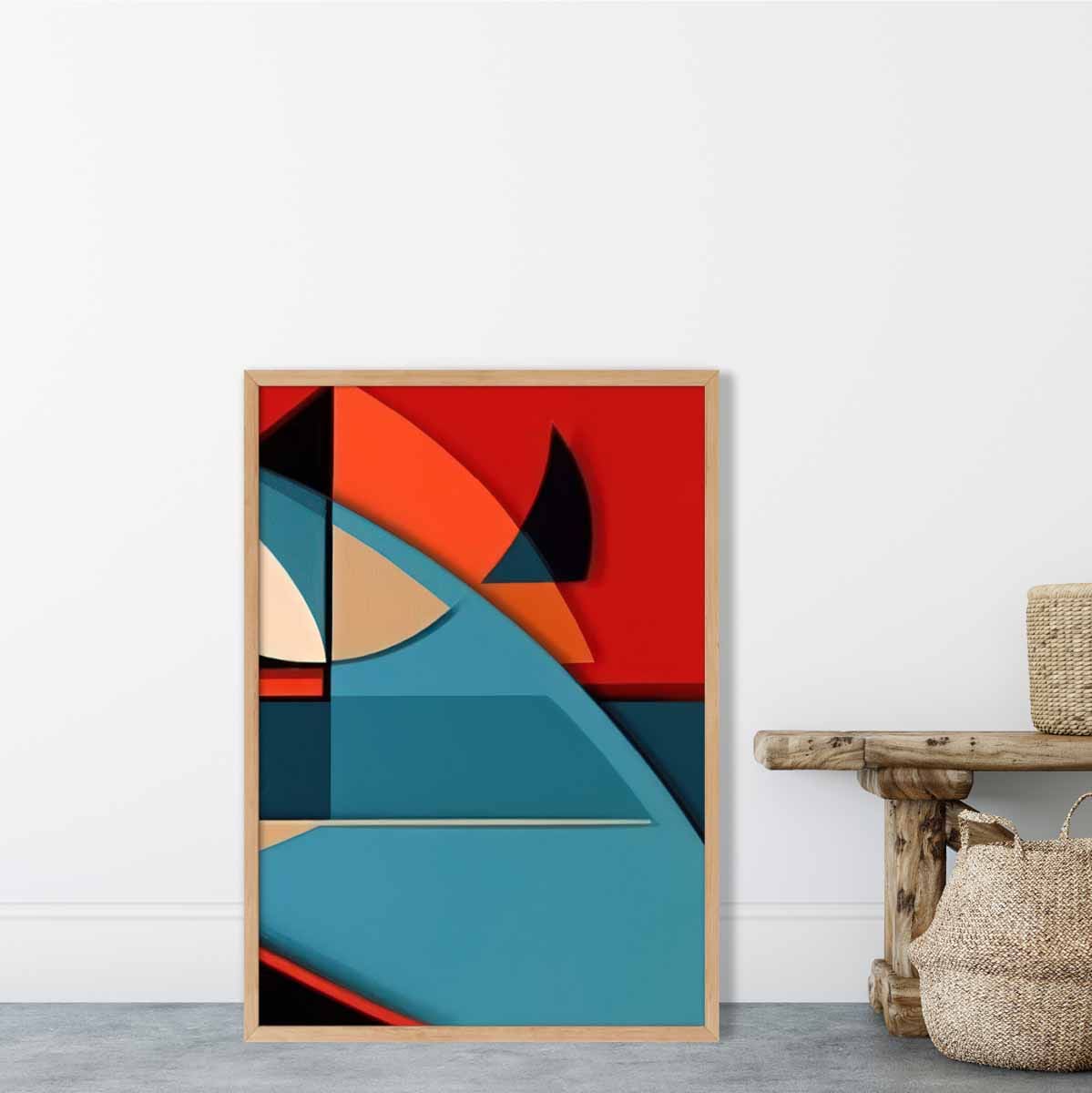 Abstrakter Kunstdruck mit farbenfrohen Formen, Blau, Rot, Beige, Nr. 6