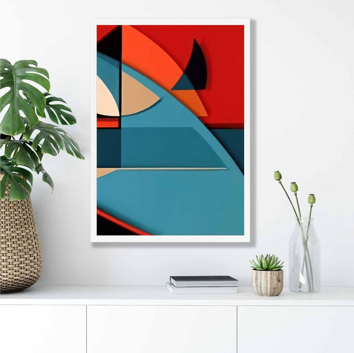 Abstrakter Kunstdruck mit farbenfrohen Formen, Blau, Rot, Beige, Nr. 6
