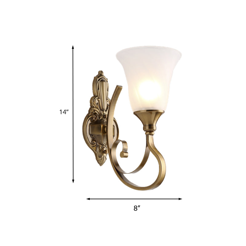 Brehn | Retro Bell Wandlamp 1/2-Licht Frosted Glas Wandboutique Licht met Metalen Gebogen Arm in Goud voor Veranda