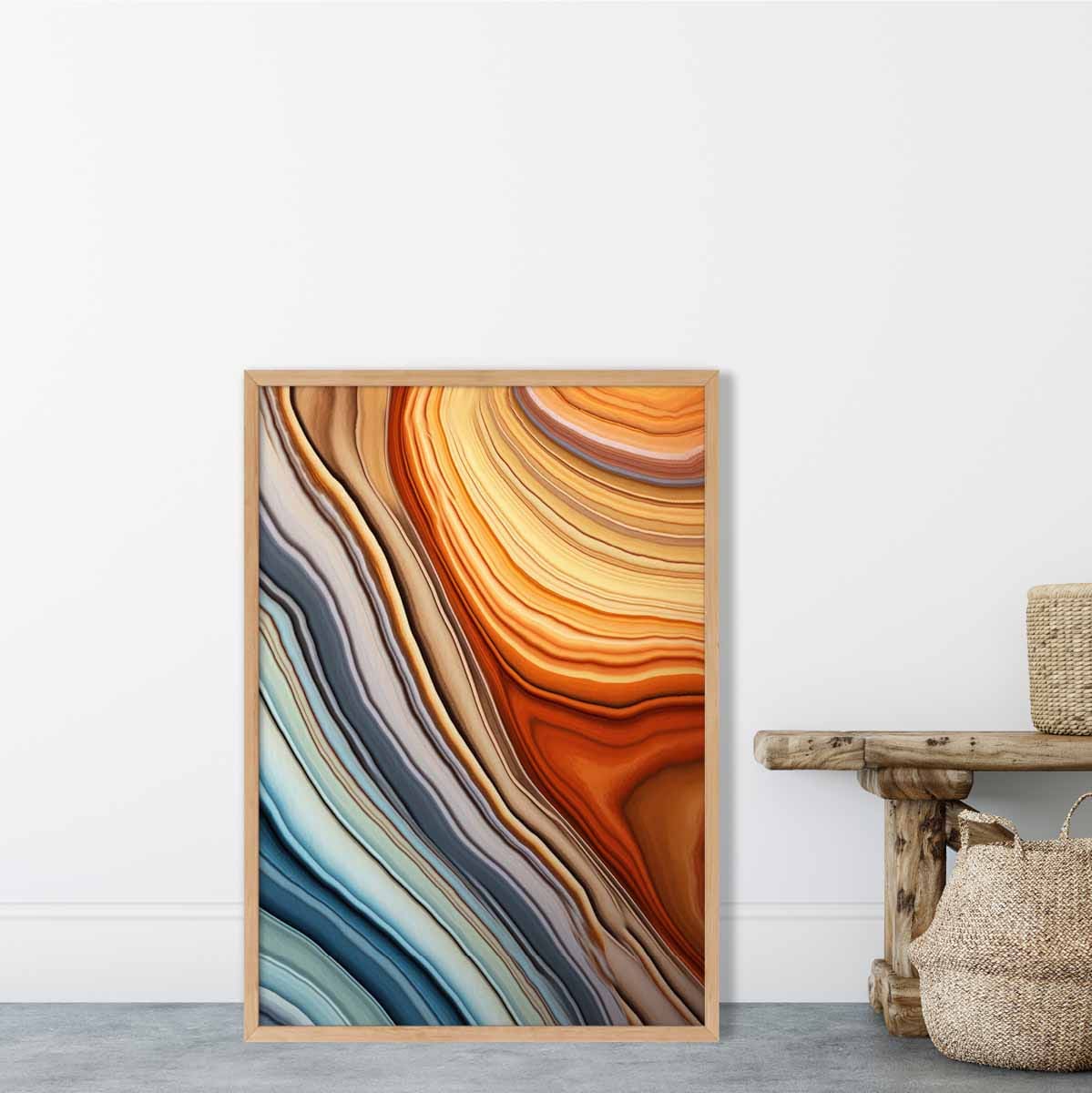 Abstrakter, fließender Kunstdruck in Blau und Orange Nr. 1