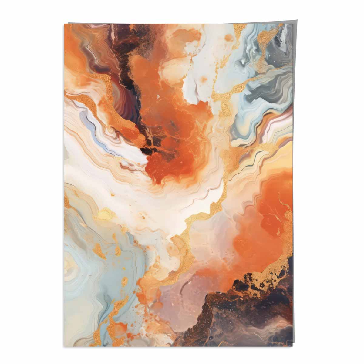 Abstraktes Gemälde, Flüssigkunstdruck, Orange, Grau und Gold Nr. 1