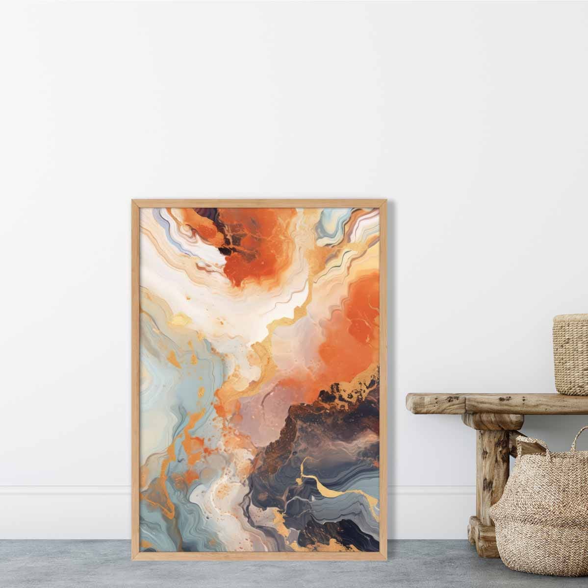 Abstraktes Gemälde, Fluid-Art-Druck, Orange, Grau und Gold Nr. 3