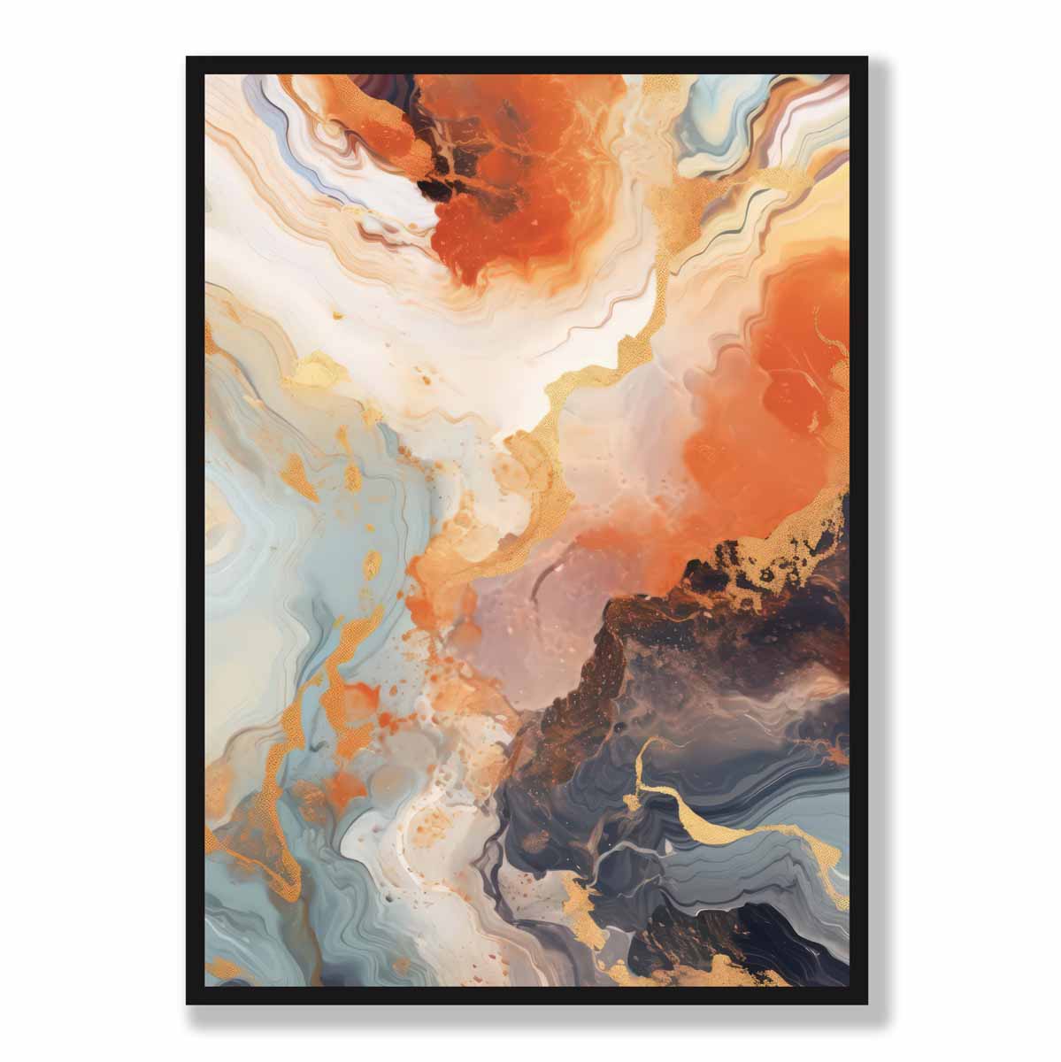 Abstraktes Gemälde, Fluid-Art-Druck, Orange, Grau und Gold Nr. 3