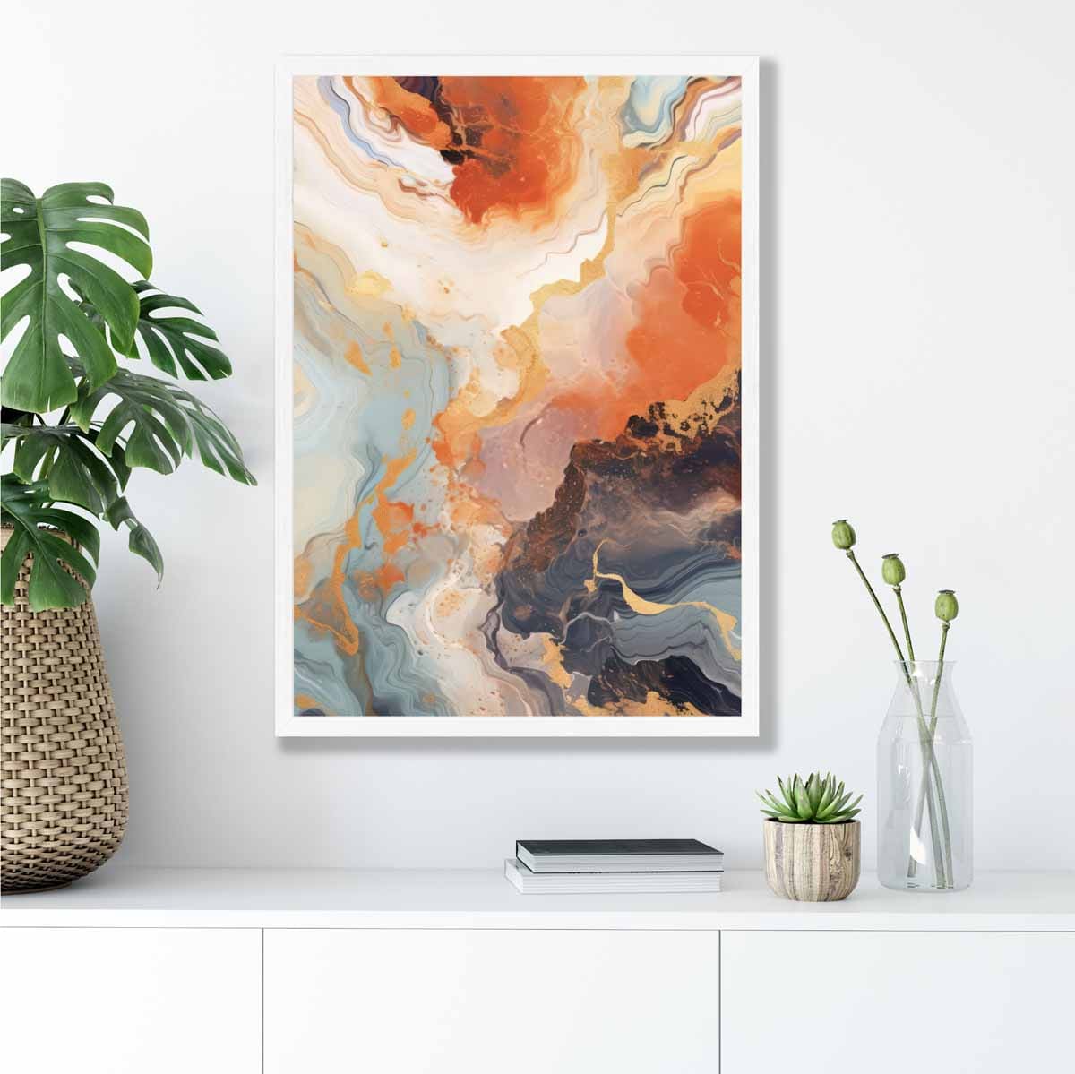 Abstraktes Gemälde, Fluid-Art-Druck, Orange, Grau und Gold Nr. 3