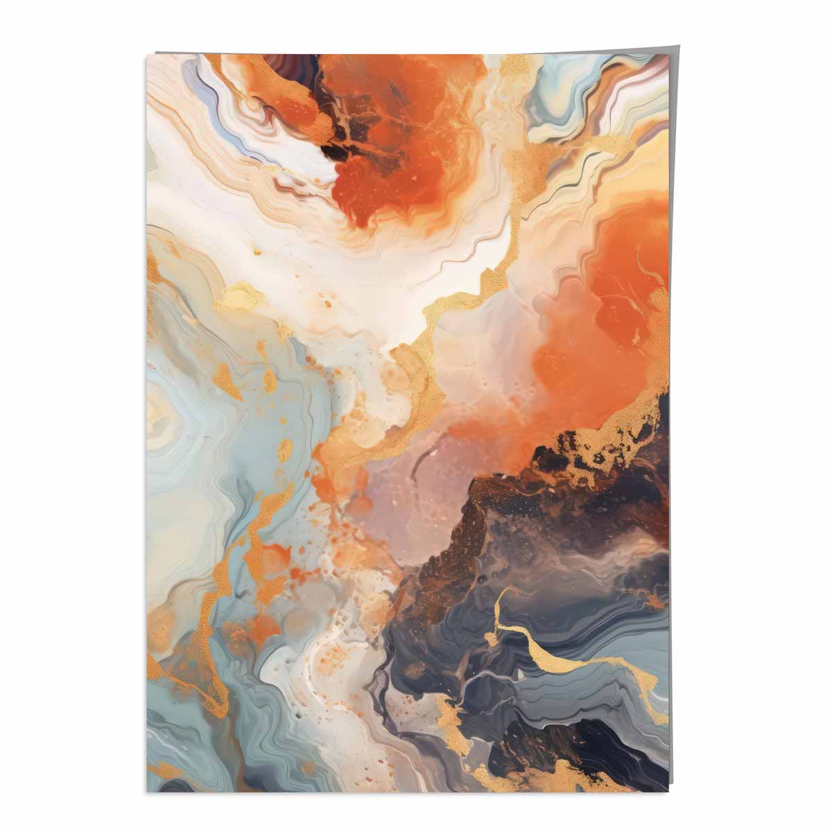 Abstraktes Gemälde, Flüssigkunstdruck, Orange, Grau und Gold Nr. 2