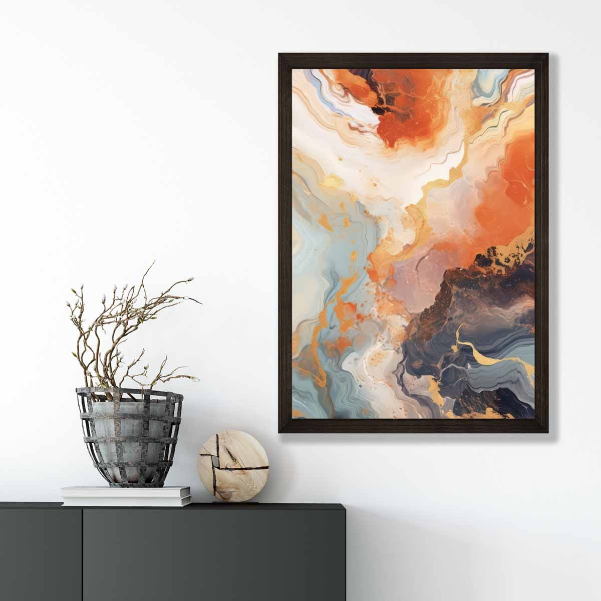 Abstraktes Gemälde, Fluid-Art-Druck, Orange, Grau und Gold Nr. 3