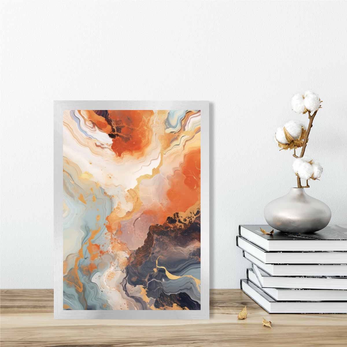 Abstraktes Gemälde, Fluid-Art-Druck, Orange, Grau und Gold Nr. 3