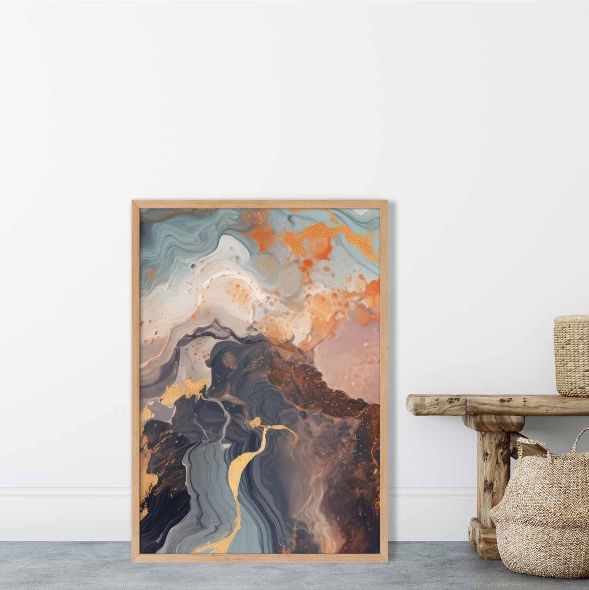Abstraktes Gemälde, Fluid-Art-Druck, Orange, Grau und Gold Nr. 4