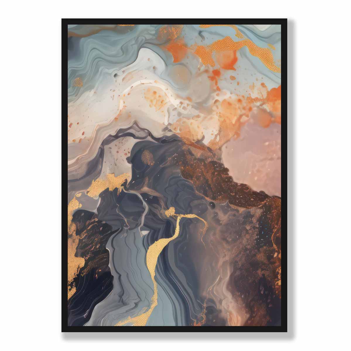 Abstraktes Gemälde, Fluid-Art-Druck, Orange, Grau und Gold Nr. 4