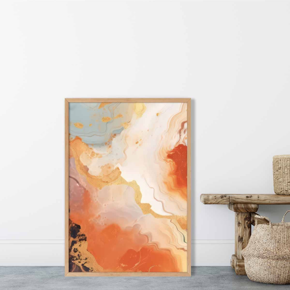 Abstraktes Gemälde, Fluid-Art-Druck, Orange, Grau und Gold Nr. 5