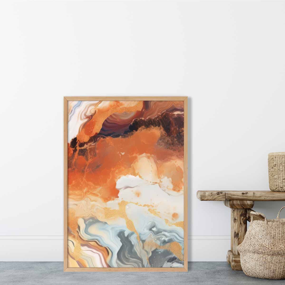 Abstraktes Gemälde, Flüssigkunstdruck, Orange, Grau und Gold Nr. 6