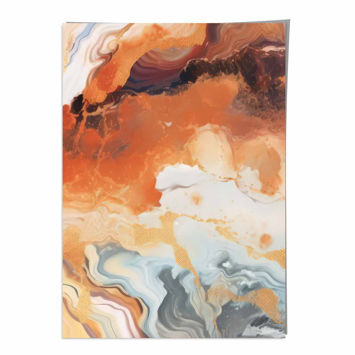 Abstraktes Gemälde, Flüssigkunstdruck, Orange, Grau und Gold Nr. 6