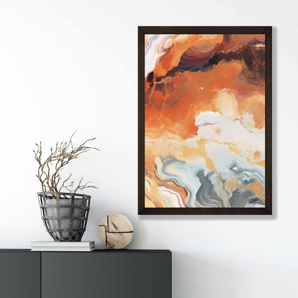 Abstraktes Gemälde, Flüssigkunstdruck, Orange, Grau und Gold Nr. 6