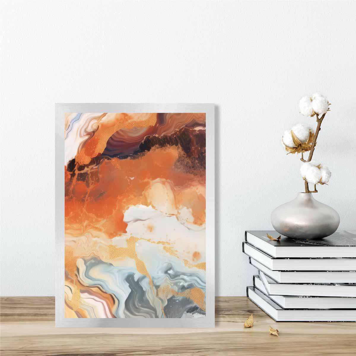 Abstraktes Gemälde, Flüssigkunstdruck, Orange, Grau und Gold Nr. 6