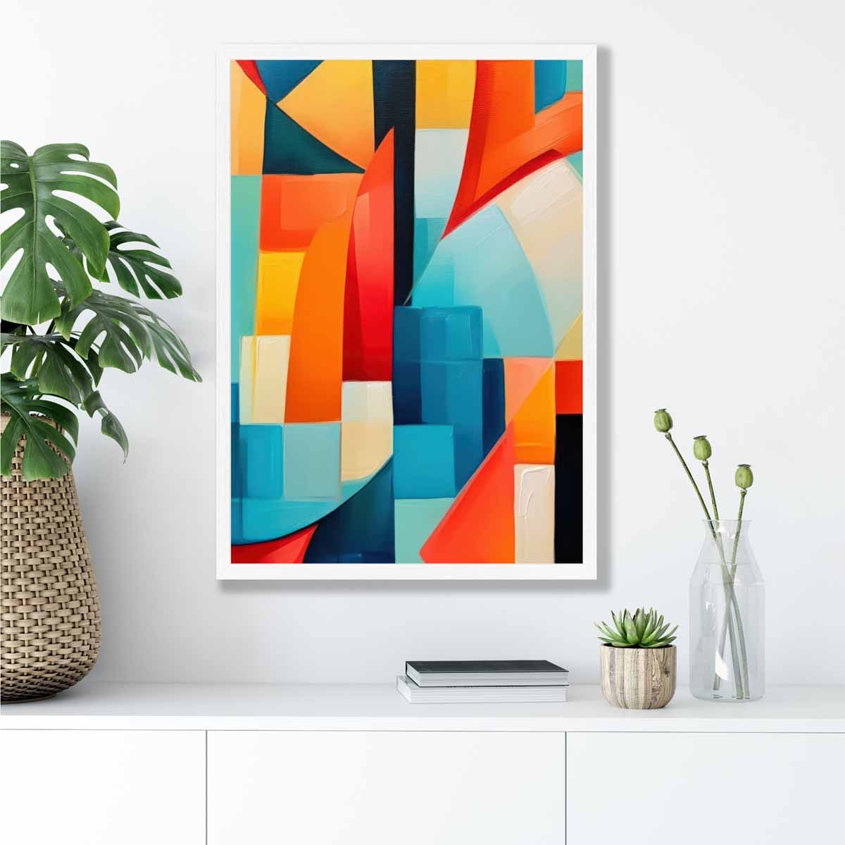 Abstraktes Gemälde, Kunstdruck mit farbenfrohen Formen, Blau, Rot und Gelb Nr. 1