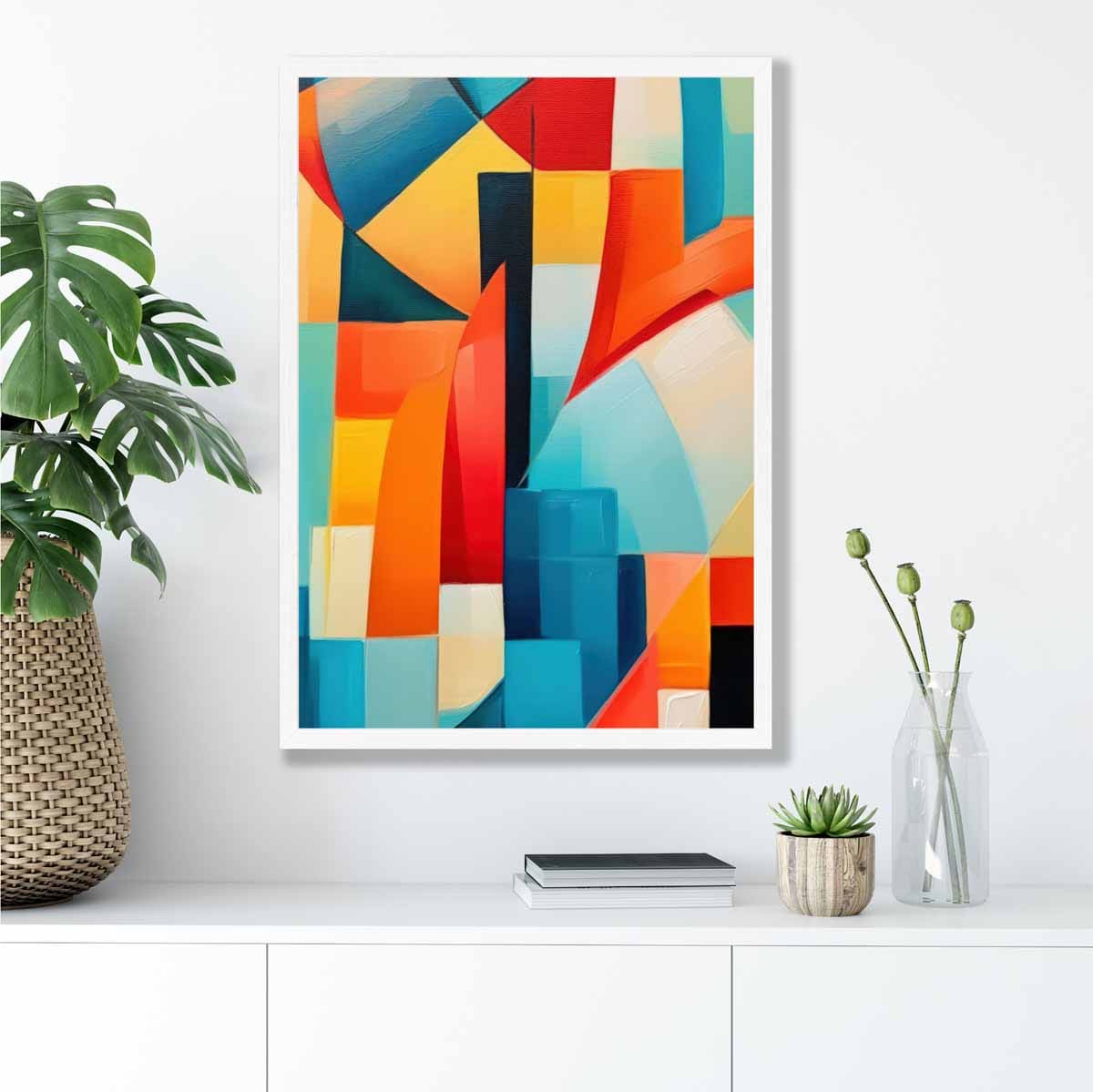 Abstraktes Gemälde, farbige Formen, Kunstdruck, Blau, Rot und Gelb Nr. 2