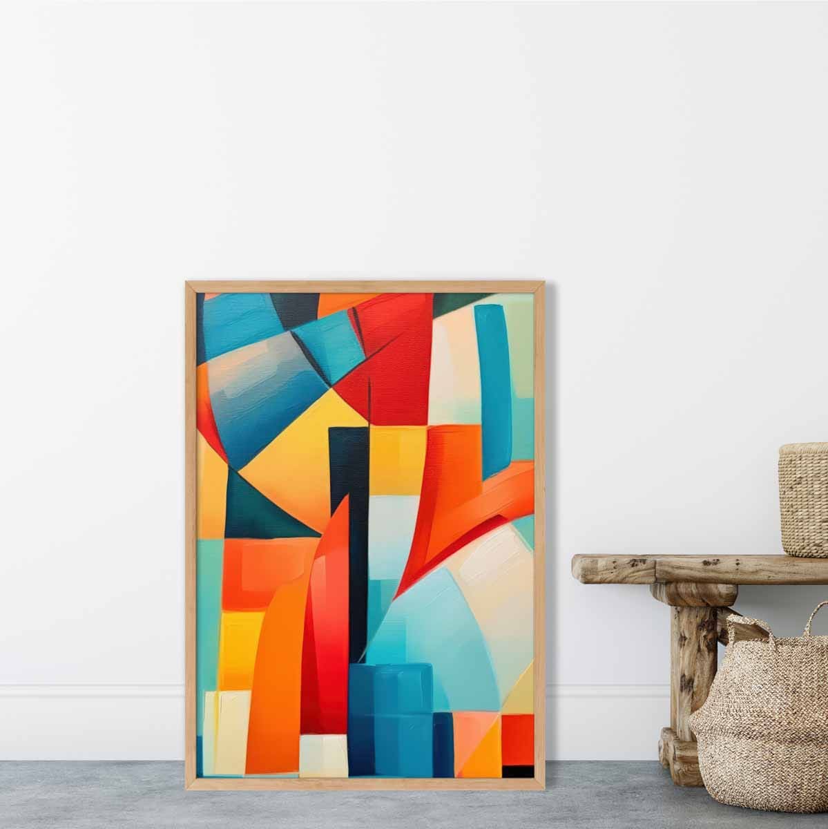 Abstraktes Gemälde, Kunstdruck mit farbenfrohen Formen, Blau, Rot und Gelb Nr. 3