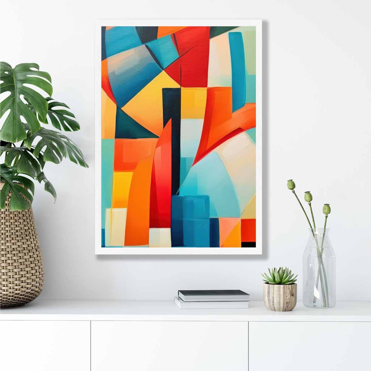Abstraktes Gemälde, Kunstdruck mit farbenfrohen Formen, Blau, Rot und Gelb Nr. 3