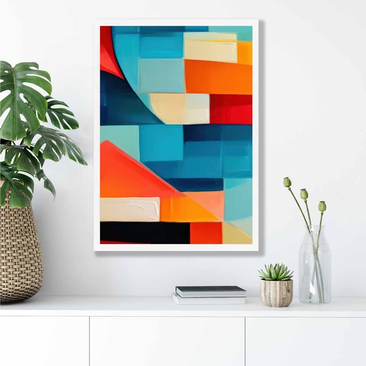 Abstraktes Gemälde, Kunstdruck mit farbenfrohen Formen, Blau, Rot und Orange Nr. 1