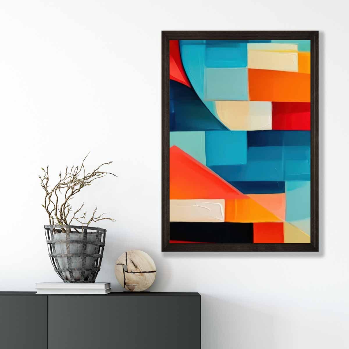 Abstraktes Gemälde, Kunstdruck mit farbenfrohen Formen, Blau, Rot und Orange Nr. 1