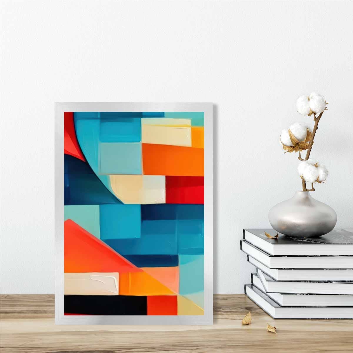 Abstraktes Gemälde, Kunstdruck mit farbenfrohen Formen, Blau, Rot und Orange Nr. 1