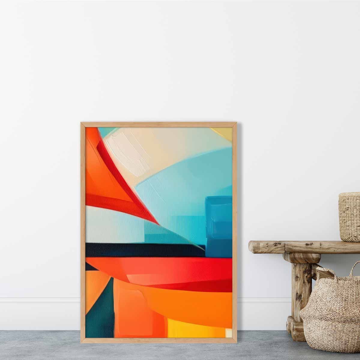 Abstraktes Gemälde, Kunstdruck mit farbenfrohen Formen, Blau, Rot und Orange Nr. 2