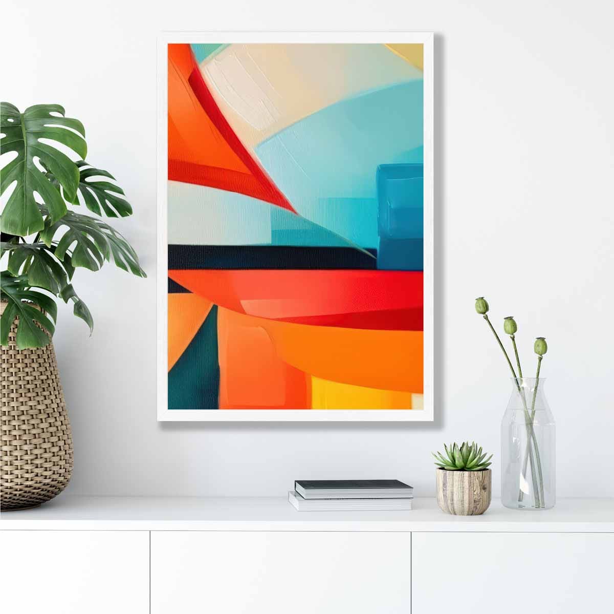 Abstraktes Gemälde, Kunstdruck mit farbenfrohen Formen, Blau, Rot und Orange Nr. 2