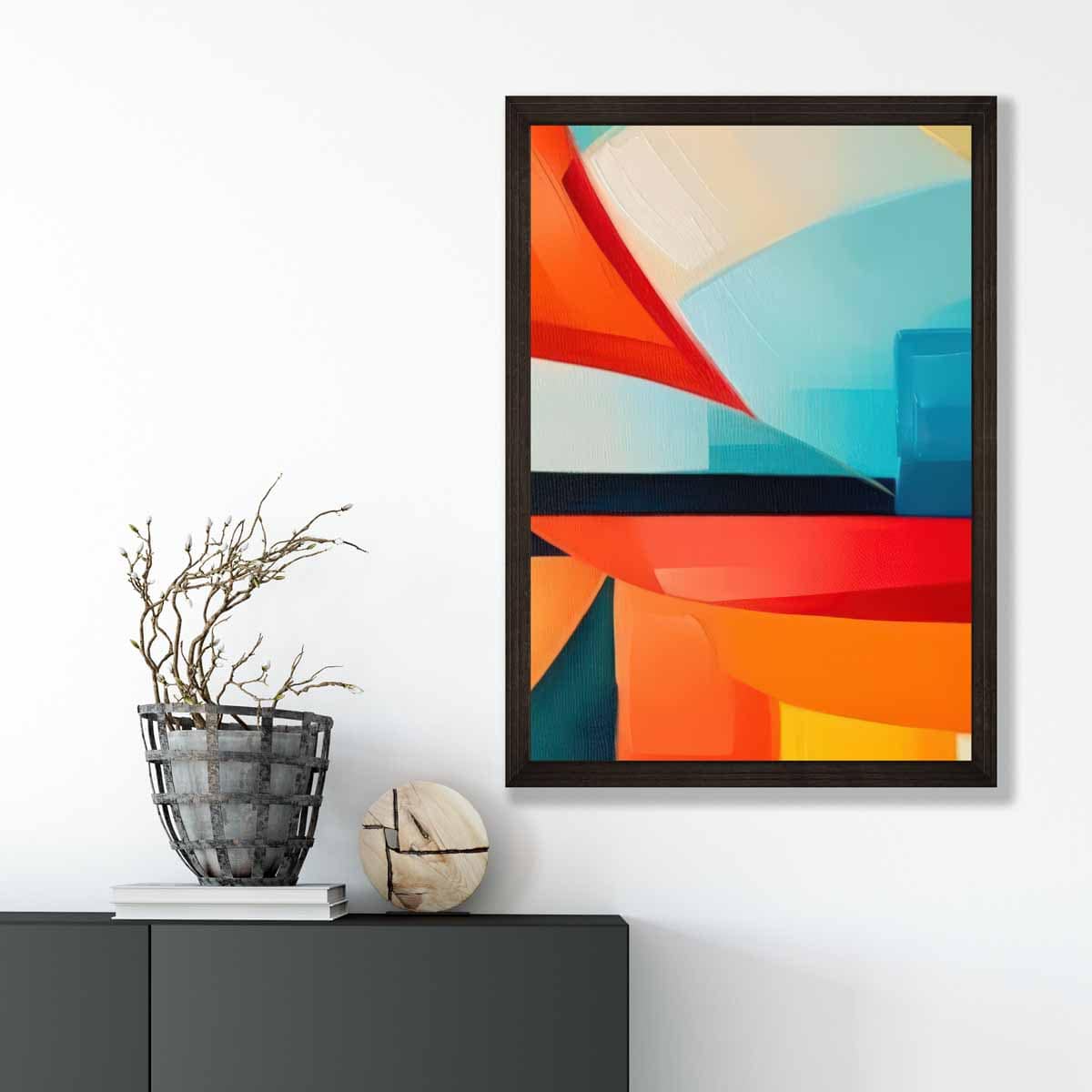 Abstraktes Gemälde, Kunstdruck mit farbenfrohen Formen, Blau, Rot und Orange Nr. 2