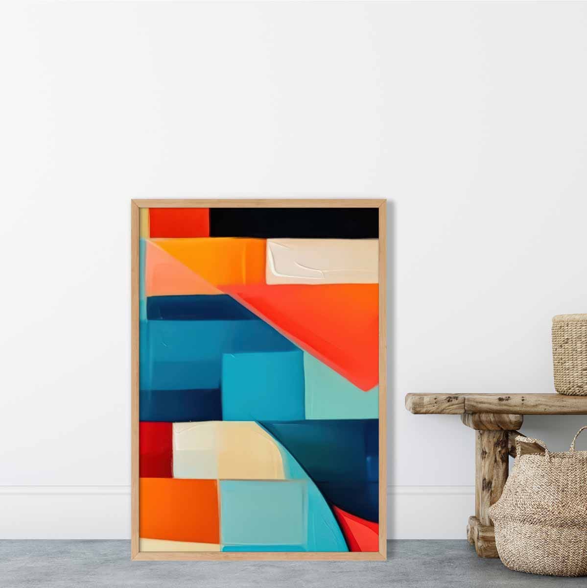 Abstraktes Gemälde, Kunstdruck mit farbenfrohen Formen, Blau, Rot und Orange Nr. 3