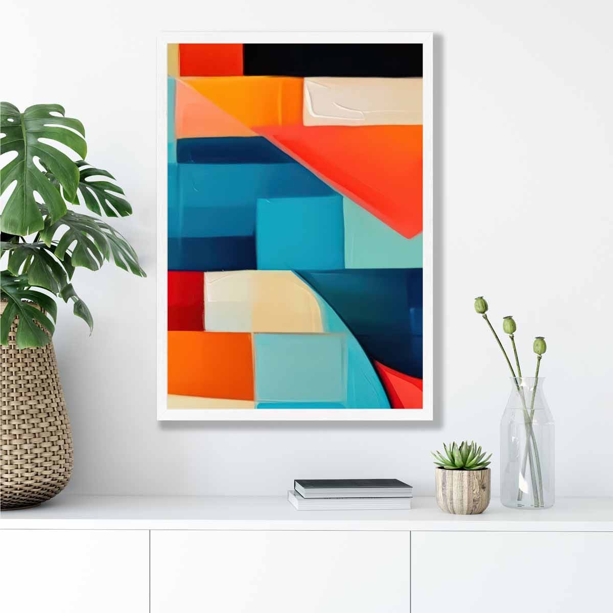 Abstraktes Gemälde, Kunstdruck mit farbenfrohen Formen, Blau, Rot und Orange Nr. 3