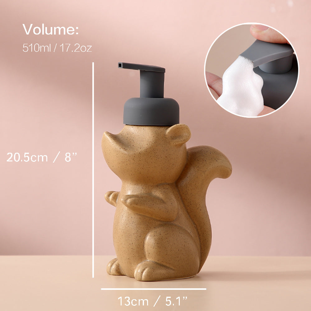 Brehn | Keramischer Seifenspender, Eichhörnchen Schaum-Pumpen Badezimmerflasche, Tierdesign, nachfüllbare wiederverwendbare Lotion-Pumpe für Badezimmer Küche, 510ml/17,2oz