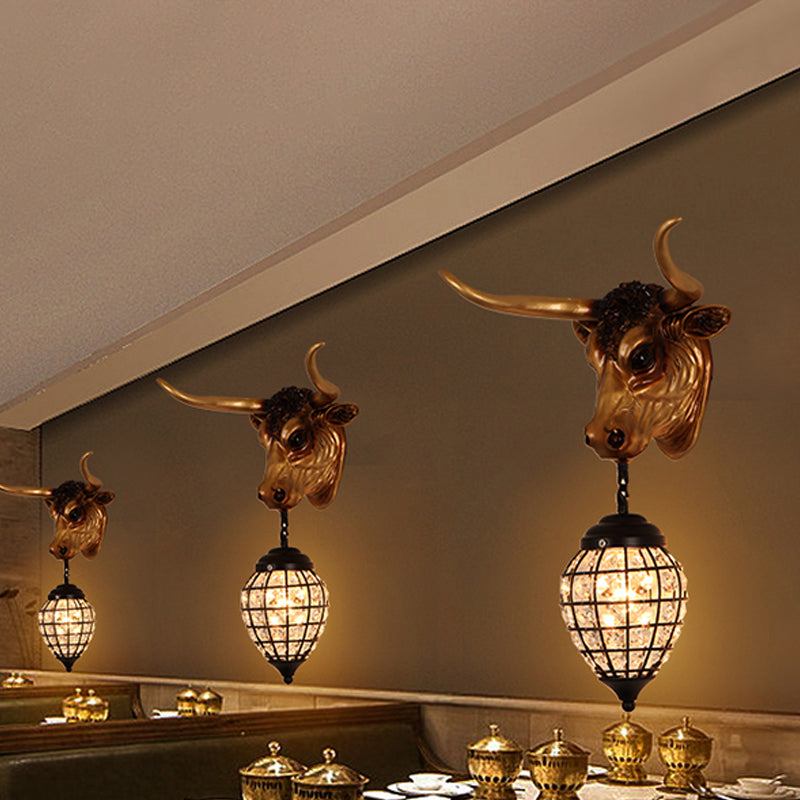 Brehn | Country Cattle Wandleuchte 1-Licht Harz Wandmontage Beleuchtung in Braun mit Tropfen/Globus Kristallschirm