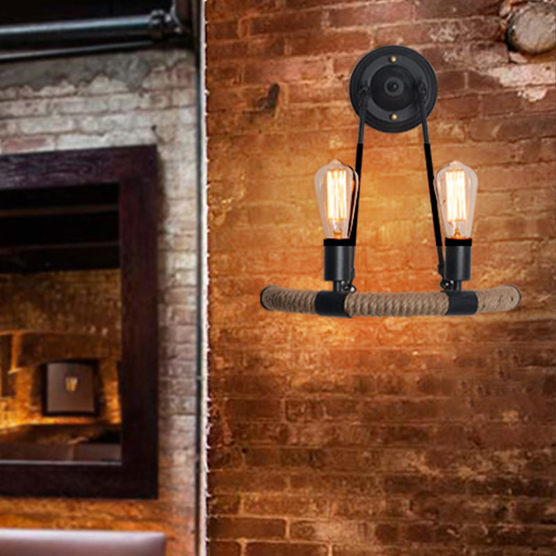 Brehn | Expose Bulb Metalen Wandlamp Vintage 2-Lichts Porch Wand Sconces Verlichting met Touw Geweven Arm in Zwart