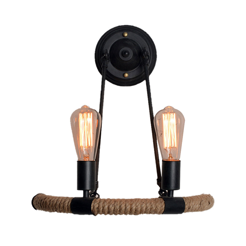 Brehn | Expose Bulb Metalen Wandlamp Vintage 2-Lichts Porch Wand Sconces Verlichting met Touw Geweven Arm in Zwart