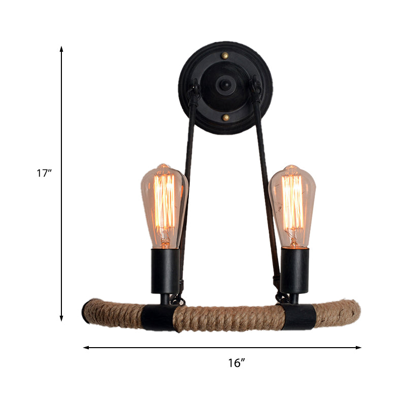 Brehn | Expose Bulb Metalen Wandlamp Vintage 2-Lichts Porch Wand Sconces Verlichting met Touw Geweven Arm in Zwart