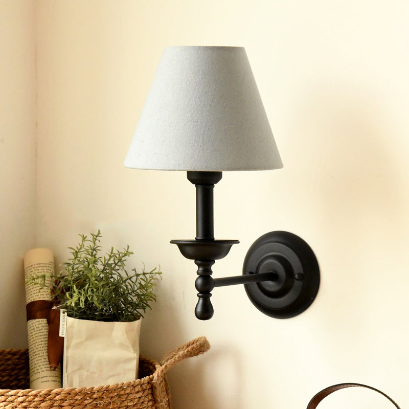 1 Leichte Metall-Wandlampe Traditionell Grau-Blau/Weiße Stoffkonus-Schirm Schlafzimmer Wandleuchte | Brehn