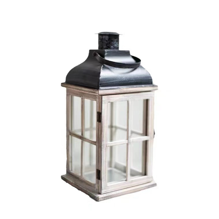 Vintage Bauernhaus Glas-Paneel Holzlaterne mit Metalldach Kerzenhalter Brehn