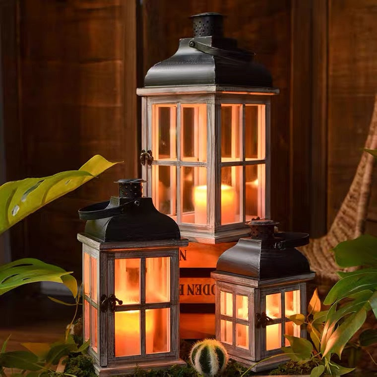 Vintage Bauernhaus Glas-Paneel Holzlaterne mit Metalldach Kerzenhalter Brehn