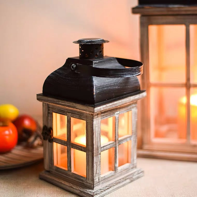 Vintage Bauernhaus Glas-Paneel Holzlaterne mit Metalldach Kerzenhalter Brehn